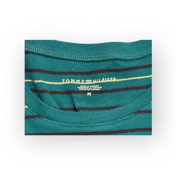 Tommy Hilfiger Women’s Striped T-Shirt Size M Green/Gold Short Sleeve Logo Tee - Picture 3 of 7